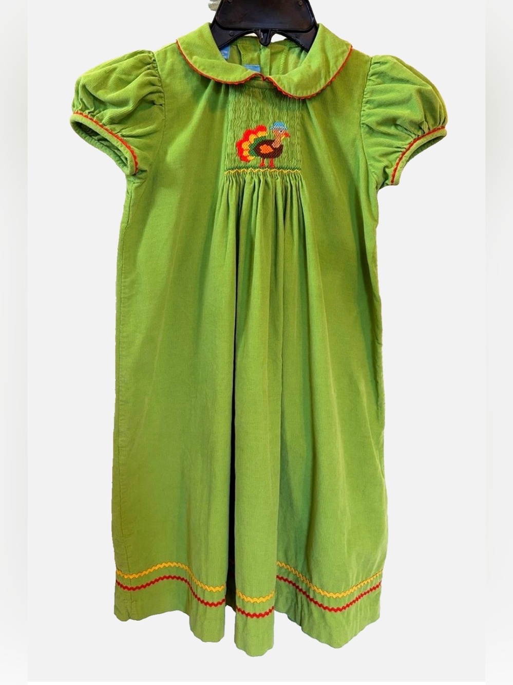 Anavini Girls Size 6 Thanksgiving Turkey Smocked Green Corduroy Fall Dress